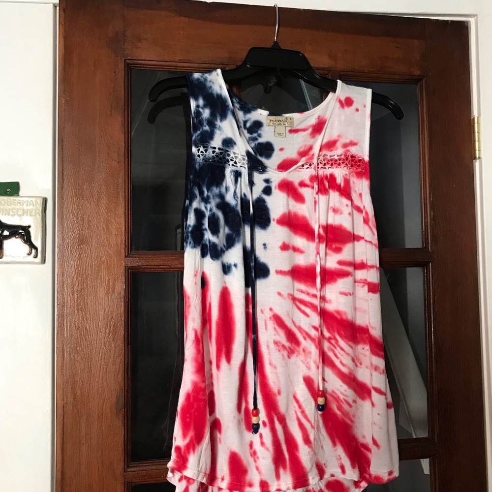 One World sleeveless top red white blue beads tie die small